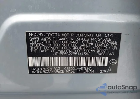 2011 Lexus Is 250 z USA, uszkodzony, nr VIN JTHBF5C22B5141562